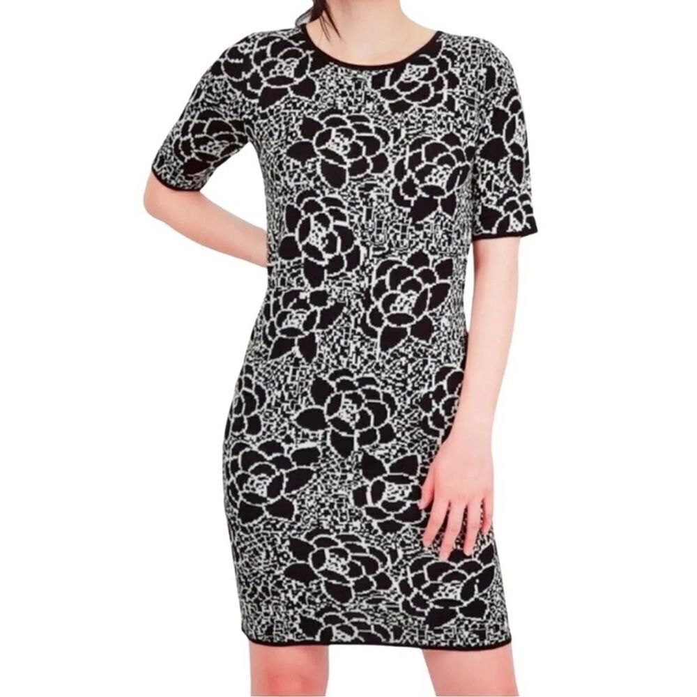 MAK Black And White Jacquard Floral Print Sweater Dress, Size S, NWT‎